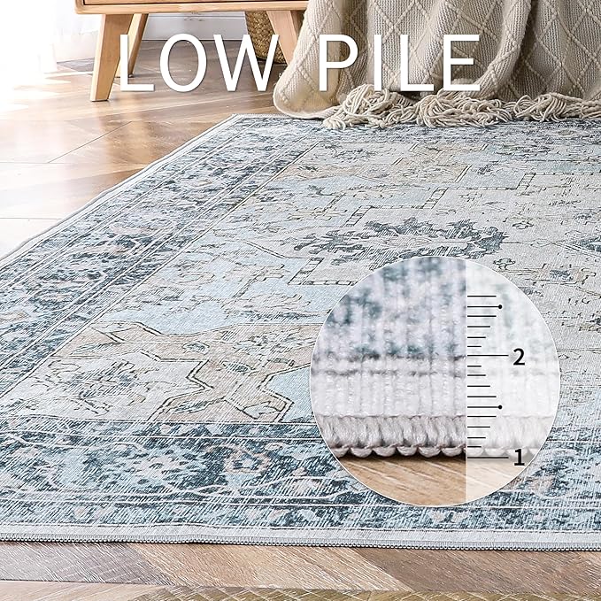 GENIMO 5x7 Area Rugs for Living Room, Machine Washable Rug, Non Slip Vintage Rugs, Low Pile Lightweight Chenille Print Indoor Rug for Bedroom, Dining Room, Home Office, Blue