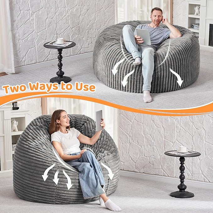 HABUTWAY 5FT Bean Bag Chair, 5' Large Bean Bag Chairs for Adults with Removable Stripe Plush Cover, Memory Foam Beanbag Chair for Living Room Bedroom Dorm (Grey)