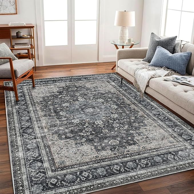 Washable Area Rug 4'x6' Traditional Floor Cover Foldable Thin Rugs Retro Kitchen Indoor Distressed Non Slip Carpet Floral Print Mat Bedroom Living Room