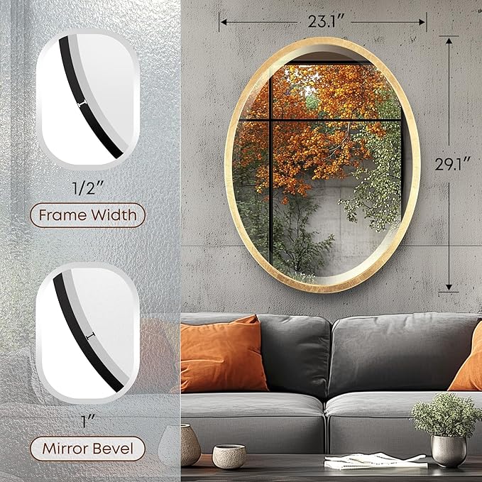 OVALCREST - Oval Wooden Beveled Wall Mirror for Home Decor, Bathroom, Vanity, Bedroom, Living Room, Hallway - London Style (Gold Leaf) 23.1 x 29.1