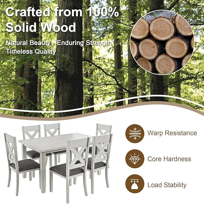 VECELO Peatuk 6-Piece Solid Wood Dining Table Set for 6, Modern Breakfast Dinette Kitchen Table with Chairs for Dining Room, Kitchen, Grey