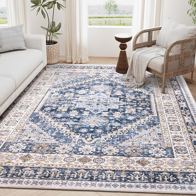 zesthome 5x7 Area Rugs - Ultra-Thin Washble Rug, Stain Resistant Anti Slip Backing Rugs for Living Room,Bedroom, Vintage Home Decor Area Rug (Blue/Beige,5'x7')