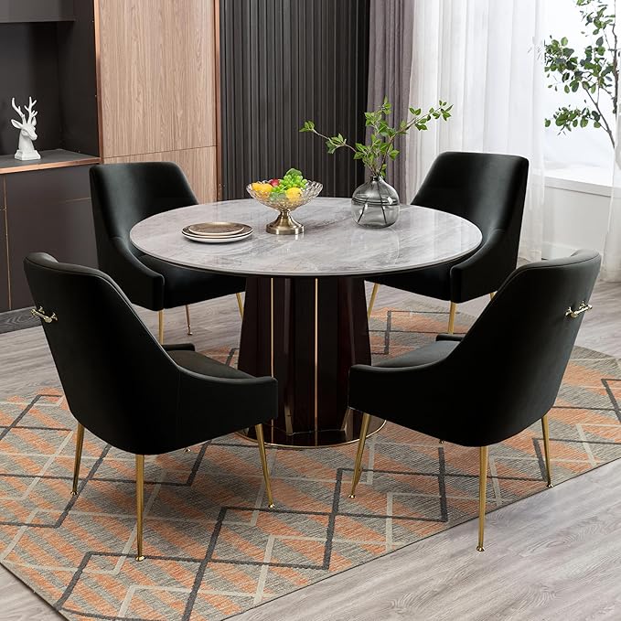 Modern Velvet Dining Chairs Set of 6, Contemporary Upholstered Furniture Collection with Polished Gold Metal Legs, Elegant Accent Chairs for Kitchen Living Room(Black)