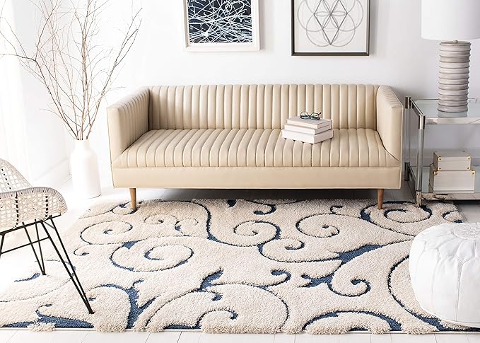 SAFAVIEH Florida Shag Collection Accent Rug - 4' x 6', Cream & Blue, Scroll Design, Non-Shedding & Easy Care, 1.2-inch Thick Ideal for High Traffic Areas in Entryway, Living Room, Bedroom (SG455-1165)