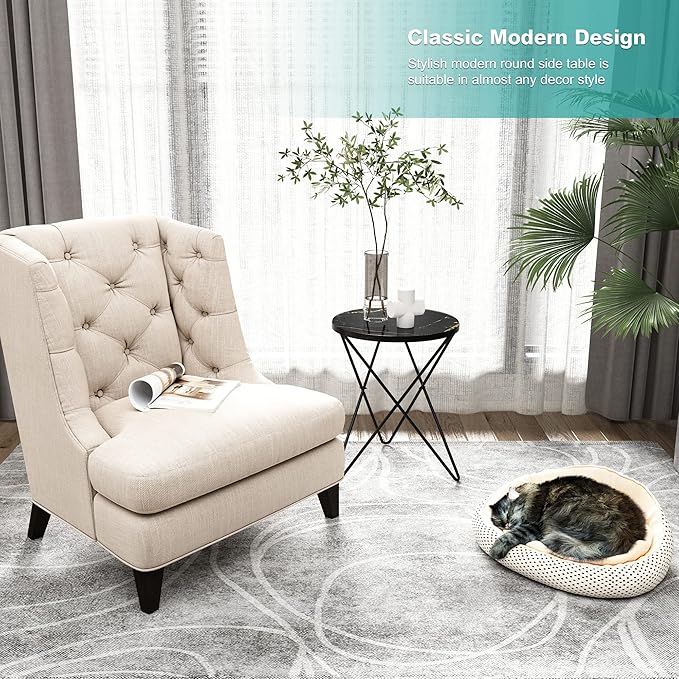 HLR Modern Round Side Table, End Table with Marble Effect Top and Gold Metal Frame, Small Side Table for Living Room, Bedroom, Sofa and Couch, Black Legs, Black Marble top