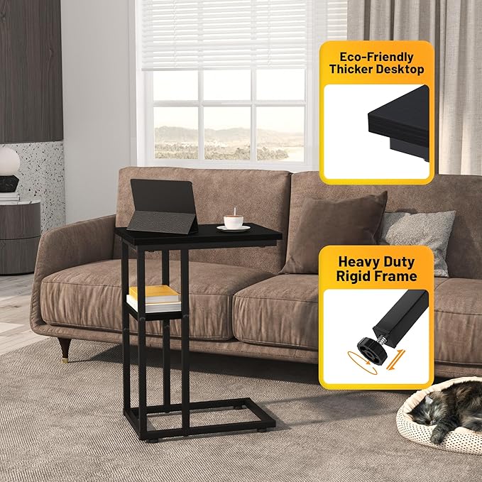C Shaped End Table, Sturdy 2 Tier C Shaped Side Table for Couch Sofa Bedside Small Space, Couch Side Table for Living Room Bedroom, Easy to Assemble, Classic Black