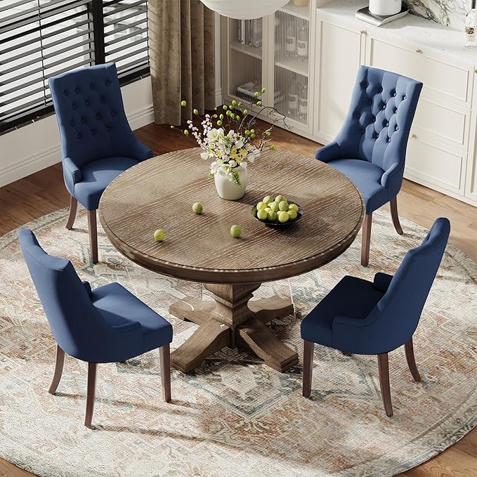 COLAMY Wingback Upholstered Side Dining Room Chairs Set of 4, Fabric Dining Chairs with Tufted Button, Living Room Chairs for Home Kitchen, Blue
