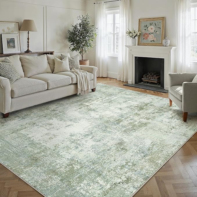 8x10 Washable Area Rug Green Modern Neutral Abstract Living Room Bedroom Indoor Floor Carpet Low Pile Soft Non-Slip Lightweight Vacuumable Large Throw Rug for Nursery Dining Room