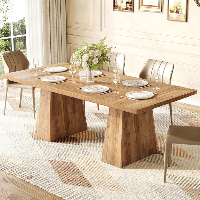 LITTLE TREE Dining Table for 6 People, Wooden Dining Table, Rectangle Table with Heavy Duty Legs, Modern Dining Table for Kitchen, Dining Room, Light Brown
