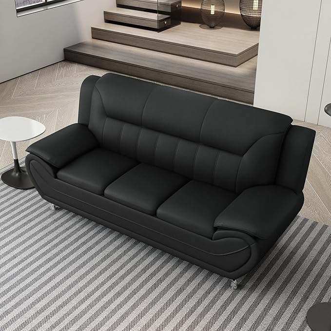 Container Furniture Direct Michael Modern Faux Leather Upholstered Stainless Steel Legs Living Room Sofa, Midnight Black