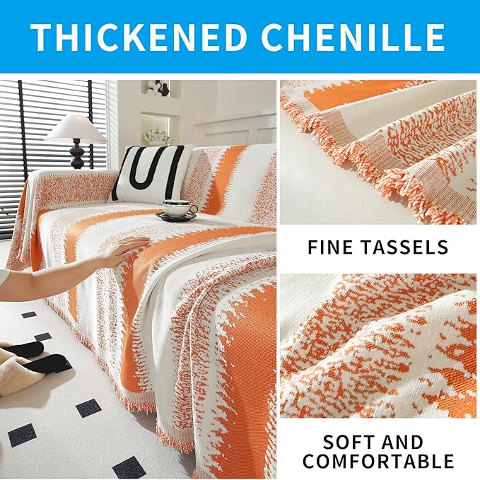 LUFEIJIASHI Boho Couch Covers for Sofa Non Slip Sofa Covers Washable Couch Covers for 3 Cushion Couch Sofa Pet Friendly Sectional Couch Cover Blanket Furniture Protector for Dogs (Orange, 91"x150")
