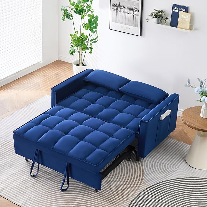 Ball & Cast 3 in 1 Convertible Sleeper Sofa Bed,Velvet Futon Couch with Pull-Out Bed,Convertible Pull Out Couches W/ 2 Pillows,Adjustable Backrest & Side Pocket,for Living Room,Apartment,Blue,55"