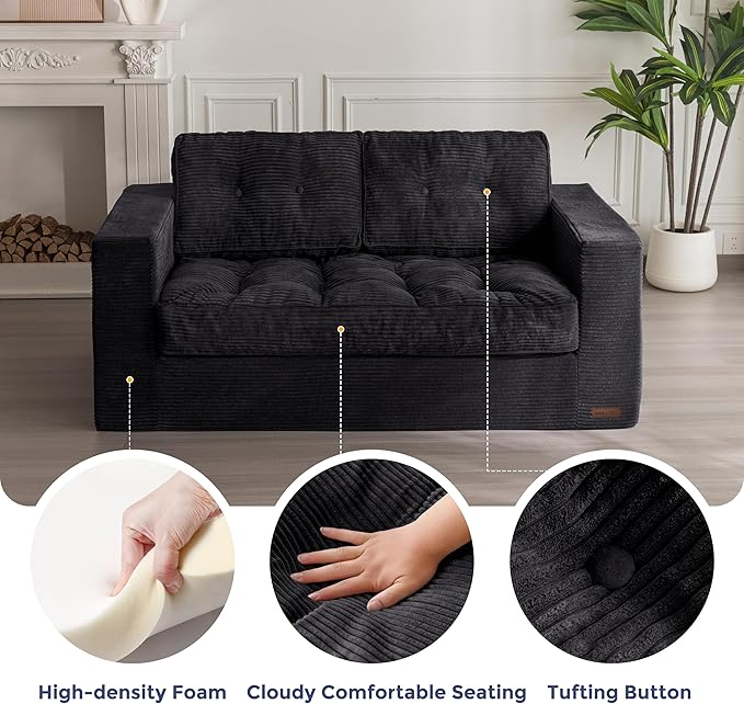MAXYOYO Bean Bag Chair for Adults, Upholstered Floor Sofa with Armrests, Loveseat Boneless Couch with Tufted Cushion & Backrest, Sofa in A Box, Large Bean Bag Couch for Bedroom Living Room, Black