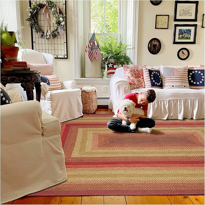 Cider Barn Cranberry Red Braided Area Rug, Jute, 6x9' Rectangle - Perfect Country Primitive Decor for Dining Room, Living Room, Everywhere