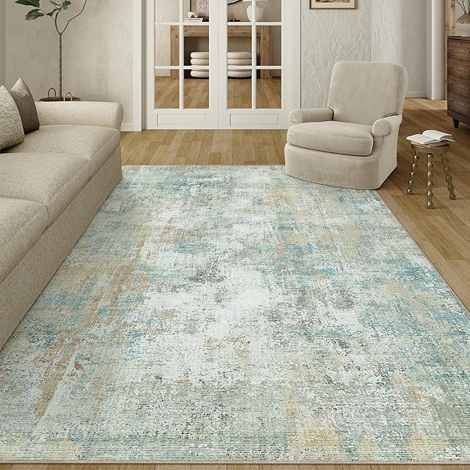 5x7 Washable Area Rug Teal Beige Modern Neutral Abstract Living Room Bedroom Indoor Floor Carpet Low Pile Soft Non-Slip Lightweight Vacuumable Throw Rug for Kitchen Nursery Dining Room