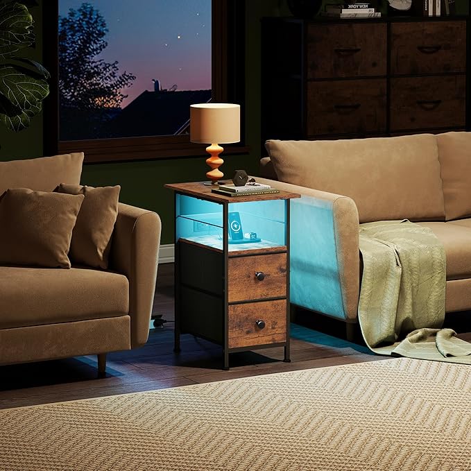 WLIVE Narrow Side Table with Charging Station, End Table with LED Lights,2 Fabric Drawers and Open Shelf, Bed Side Tables Living Room, Small Spaces, Bedroom, Night Stand with Charger Station