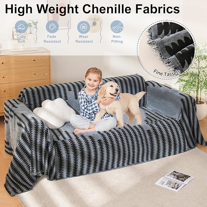 Boho Sofa Cover, Couch Covers for 3 Cushion Couch Sofa Pet Friendly, Sofa Cover Washable, Soft Chenille Living Room Couch Covers Slipcover, Pet Furniture Protecto (2# Dark Grey, 71" x 150")