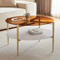 Shrine Modern Coffee Table with Glass Top, Round Table for Living Room, Two-Tier 30-Inch White Wooden Storage Coffee Table, Gold Table Legs Structure & Brown Glass Top