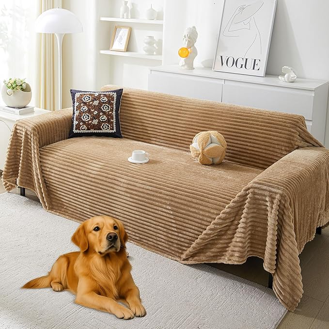 HAOMAIJIA Faux Fur Sofa Covers Couch Covers for 3 Cushion Couch Sofa Pet Friendly Soft Non Slip Couch Cover for Dogs Washable Sectional Couch Covers L Shape Furniture Protector (Khaki, 91"x134")