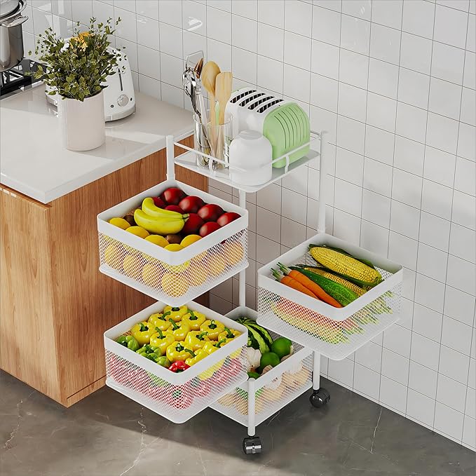 Rotating Kitchen Storage Rack,Fruit and Vegetable Basket Cart,Bathroom Shelf,Kitchen Organization and Storage Rack,Rolling Carts on Wheels(White, 4 Tier-Square)