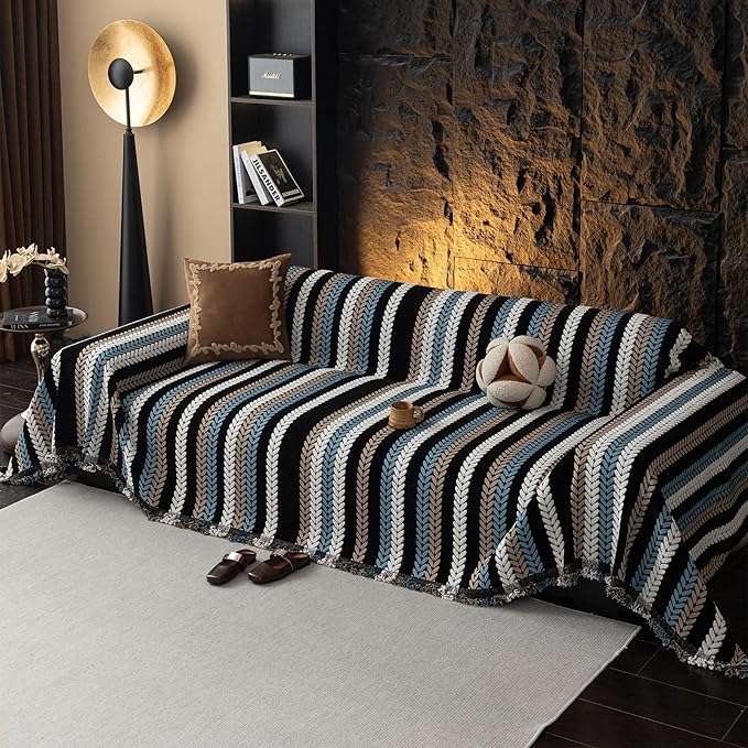STACYPIK Modern Striped Sofa Cover for Pets, Vintage Jacquard Herringbone Couch Cover for 2 Cushion Couch, Non-Slip L Shaped Couch Cover for Sectional Washable Throw Slipcover for Living Room-71x118IN