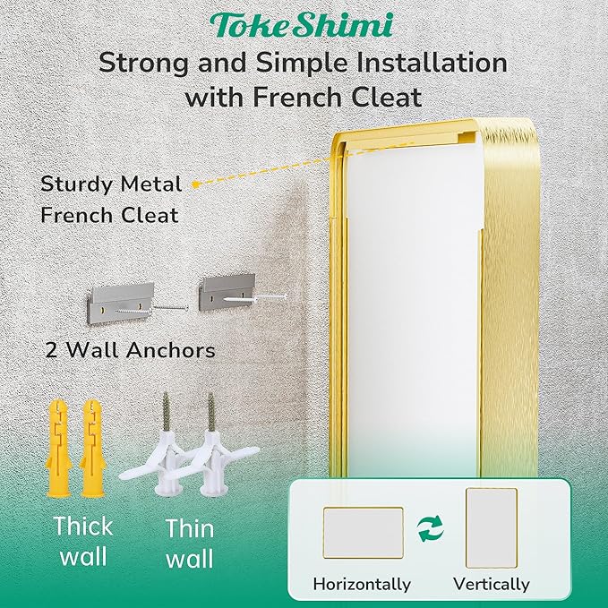 TokeShimi Gold Bathroom Mirror 22x30,HD Tempered Glass,Brushed Gold Bathroom Vanity Mirror for Over Sink,Aluminum Framed Mirror Wall(Horizontal/Vertical)