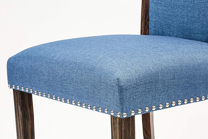 East West Furniture VEP7T21 Verona Parson Kitchen Chairs - Nailhead Trim Blue Color Linen Fabric Upholstered Dining Chairs, Set of 2, Jacobean