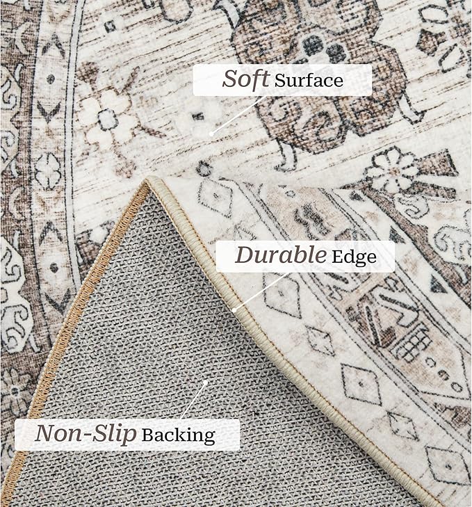 zesthome 9ft Round Rugs for Living Room, Non-Slip Washable Round Area Rugs, Ultra-Thin Large Circle Rugs, Soft Low Pile Rug for Bedroom, Kitchen - Vintage Stain Resistant Round Rug (Brown/Beige,9'x9')