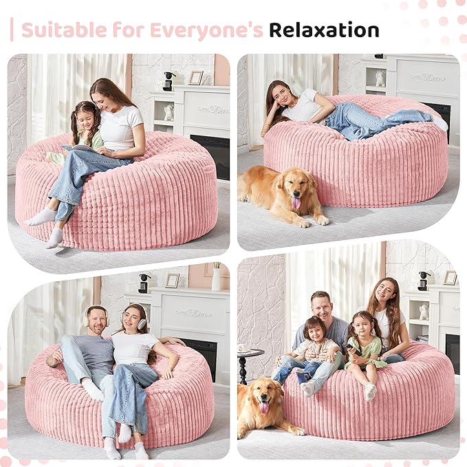 HABUTWAY 5FT Bean Bag Chair, 5' Large Bean Bag Chairs for Adults with Removable Stripe Plush Cover, Memory Foam Beanbag Chair for Living Room Bedroom Dorm (Tender Pink)