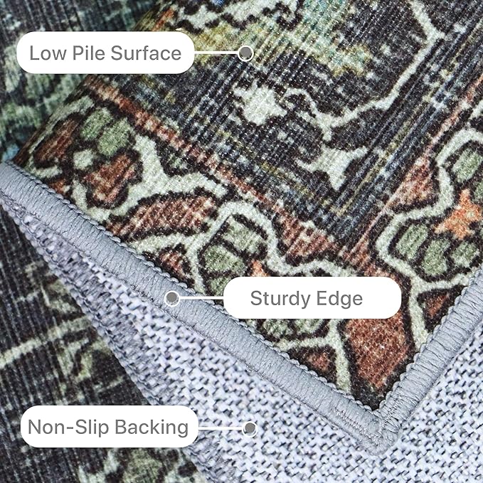 10X14 Area Rugs Machine Washable Rugs for Living Room, Vintage Boho Large Rugs for Bedroom Dining Room, Non Slip Indoor Soft Distressed Lightweight Thin Low Pile Carpet, Black