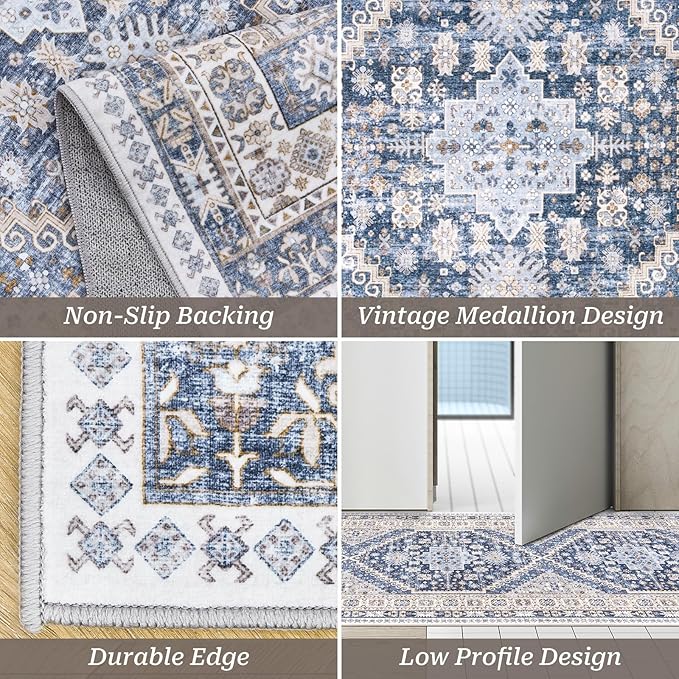 zesthome Washable Runner Rug 2.5x12 - Stain Resistant Entryway Rug,Ultra-Thin Kitchen Rugs, Anti Slip Backing Runner Rugs for Entrance Laundry Room Indoor Hallway (Blue/Beige,2.5'x12')