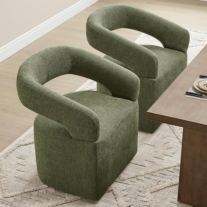 Upholstered Dining Chairs with Casters Easy Assembly Require Modern Barrel Armchair with Rollers for Diningroom Bedroom Livingroom Reading Room,Set of 2,Green
