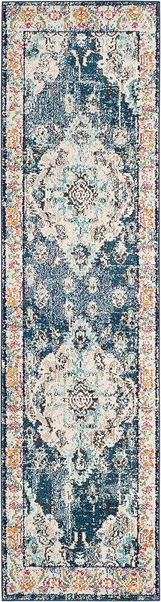 SAFAVIEH Monaco Collection Runner Rug - 2'2" x 20', Navy & Light Blue, Boho Chic Medallion Distressed Design, Non-Shedding & Easy Care, Ideal for High Traffic Areas in Living Room, Bedroom (MNC243N)