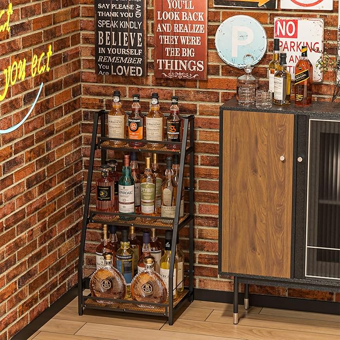 3-Tier Trapezoid Liquor Stand for Home Bar, Stepped Wine Rack Freestanding Floor for Liquor Whiskey Wine, Versatile Corner Wine Bottle Display Stand with Fences, Vintage Brown（Patent Pending）