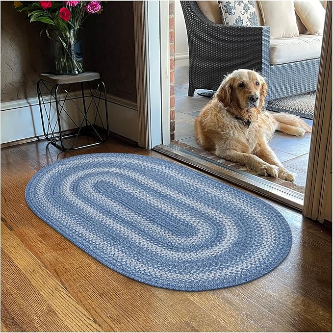 Homespice 20x30” Blue Oval Braided Rug. Denim Blue and White Jute Oval Rug. Uses- Entryway, Kitchen Rugs, Bathroom Rugs. Reversible, Rustic, Country, Primitive, Farmhouse Decor Rug