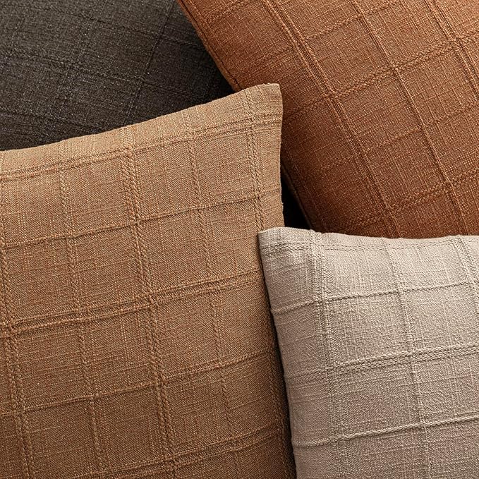 Foindtower Set of 2 Decorative Linen Check Throw Pillow Covers Neutral Farmhouse Vintage Cushion Covers Modern Boho Home Decor for Sofa Chair Couch Bedroom Living Room Outdoor,26×26 Inch,Brick