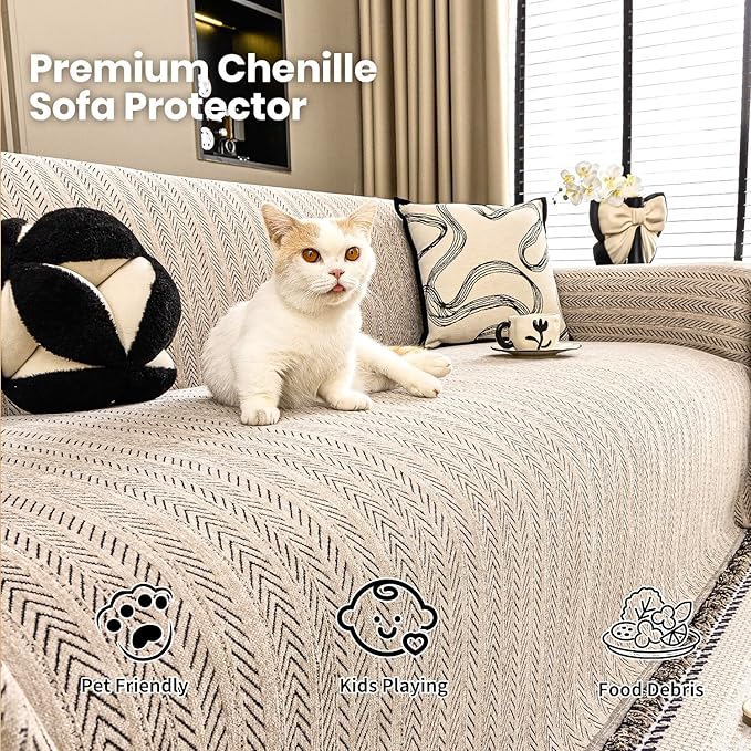 Nobildonna Sofa Cover Washable Soft Thicken Chenille Couch Cover with Tassel,Waterproof Sofa Slipcovers for 2 Cushion Couch,Loveseat,Futon Couch Furniture Protector Pet-Friendly,Brown 71"x102"
