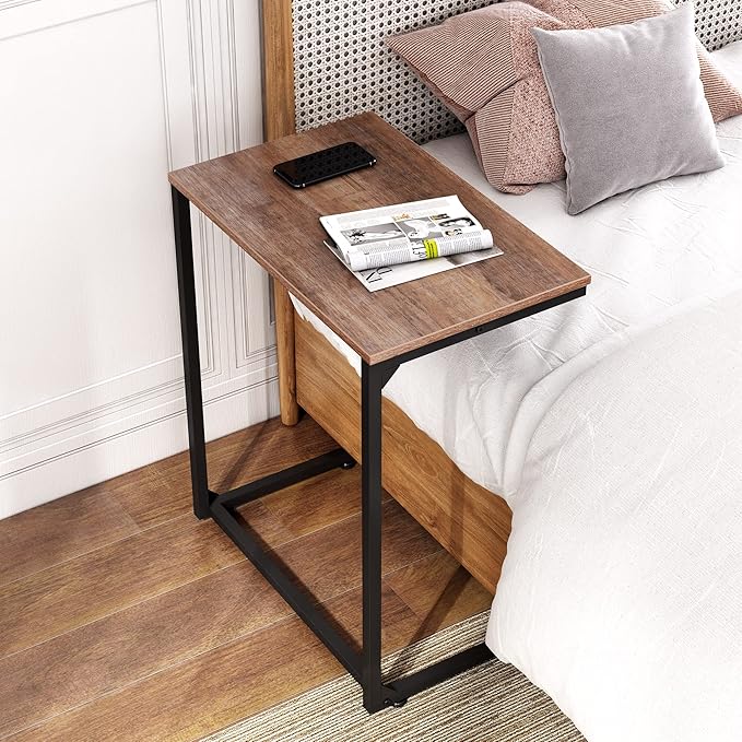 WLIVE Wide Snack Side Table, C Shaped End Table for Sofa Couch and Bed, Laptop Table, Work from Home, 26 Inch Tall, Light Brown