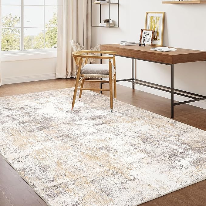 4x6 Washable Area Rug Beige Grey Neutral Abstract Entryway Kitchen Non Slip Low Pile Throw Rug Living Room Bedroom Indoor Doormat Soft Carpet for Entrance Bathroom Office
