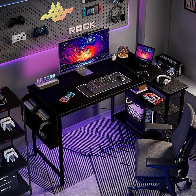 L Shaped Computer Desk with Reversible Shelves, 47 Inch Small Corner Desk with Storage Bag, Gaming Desk Computer Table Study Writing Table for Home Office Bedroom Small Space, Black