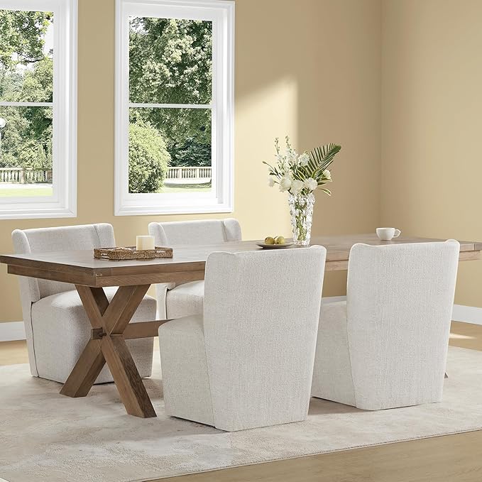 Upholstered Dining Chair with Casters Wingback Modern Side Armless Deskchair with Rollers for Diningroom Bedroom Livingroom Reading Room,Linen,1 Box