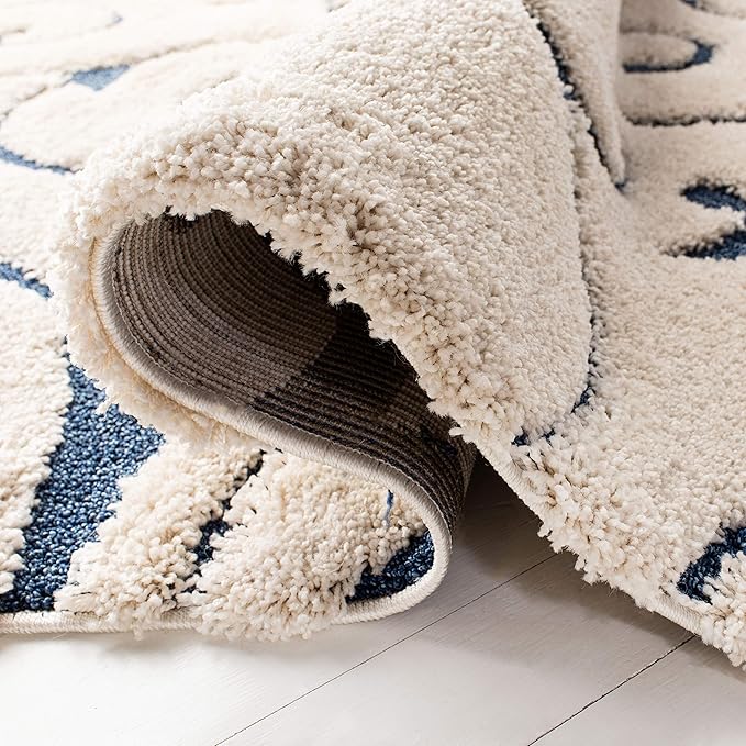 SAFAVIEH Florida Shag Collection Area Rug - 5' Square, Cream & Blue, Scroll Design, Non-Shedding & Easy Care, 1.2-inch Thick Ideal for High Traffic Areas in Living Room, Bedroom (SG455-1165)
