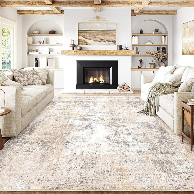 8x10 Washable Area Rug Beige Grey Neutral Abstract Living Room Bedroom Large Throw Rug Non Slip Soft Low Pile Indoor Floor Carpet for Dining Room Kitchen Office Entryway