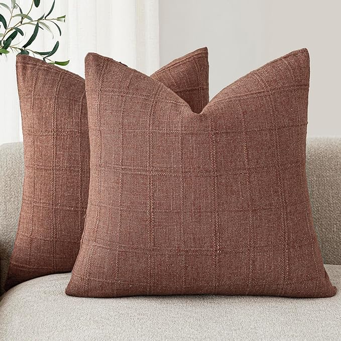 Foindtower Set of 2 Decorative Linen Check Throw Pillow Covers Neutral Farmhouse Vintage Cushion Covers Modern Boho Home Decor for Sofa Chair Couch Bedroom Living Room Outdoor,20×20 Inch,Autumnal Red