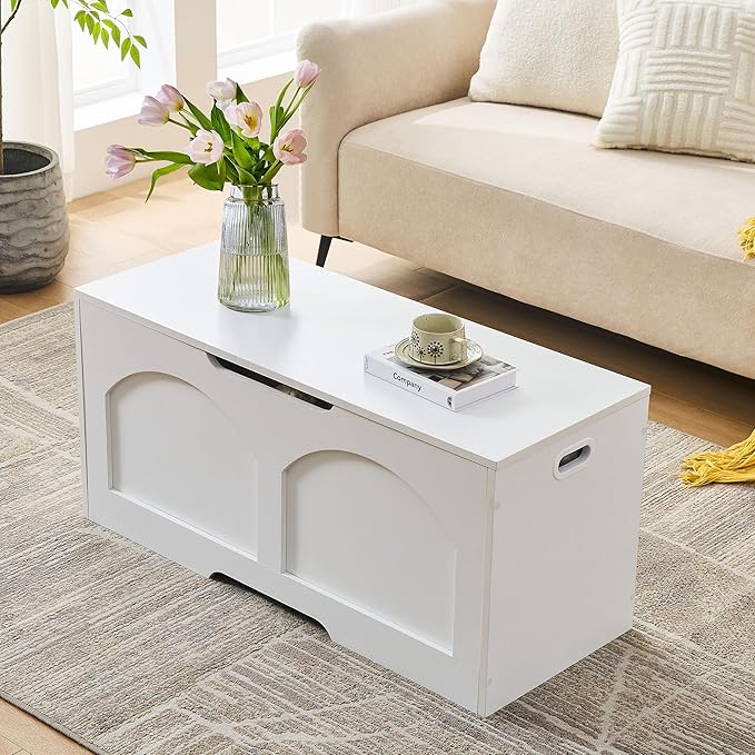 Storage Chest, 31.5" Wooden Storage Trunk Bench, Entryway Bench, Storage Box, Toy Chest with Lift Top, U-Shaped Opening, Easy Assembly, 31.5" x 15.7" x 18.3" Toy Box Chest Organizer Bench, Ivory White