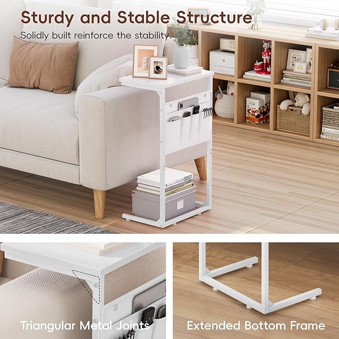 Vagusicc C Shaped End Table, Set of 2, Small Side Table for Couch, Couch Side Table TV Tray Arm C Tables for Small Space, Sturdy Slide Under Sofa Tables with Metal Frame for Living Room Bedroom, White