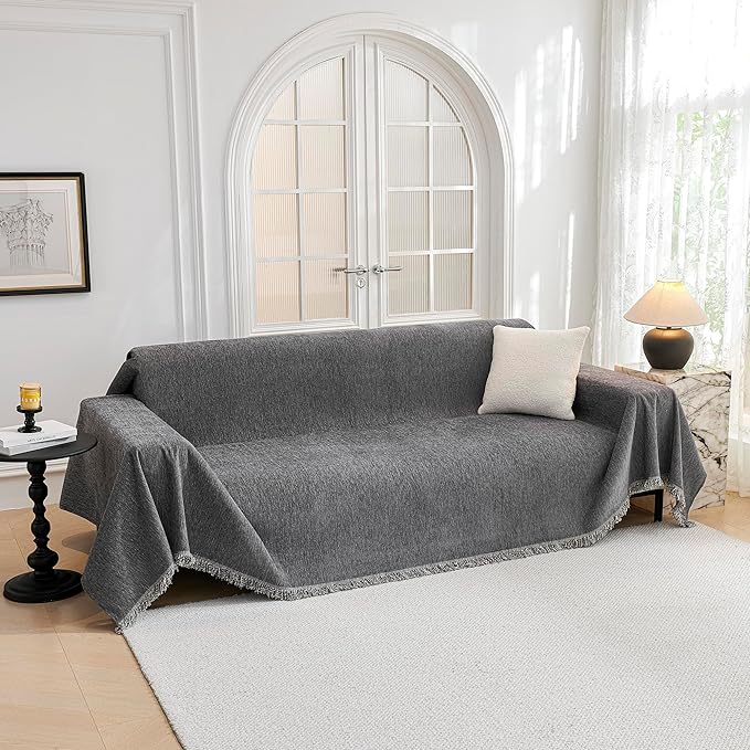 MYSKY HOME Couch Cover for Dogs Washable Couch Covers for 3 Cushion Couch Sofa Super Soft Sofa Slipcover Non Slip Sofa Cover, Chenille Sofa Covers for Dogs, Furniture Protector, 71"x150", Dark Grey