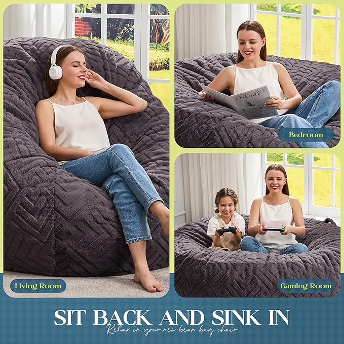 Hobestluk Bean Bag Chairs Adults Beanbag Chair with Filler Large Bean Bags with Fluffy Embossed Cover, Giant Bean Bag Chairs for Adults (Dark Grey, 4FT - 44” x 44” x 24”)