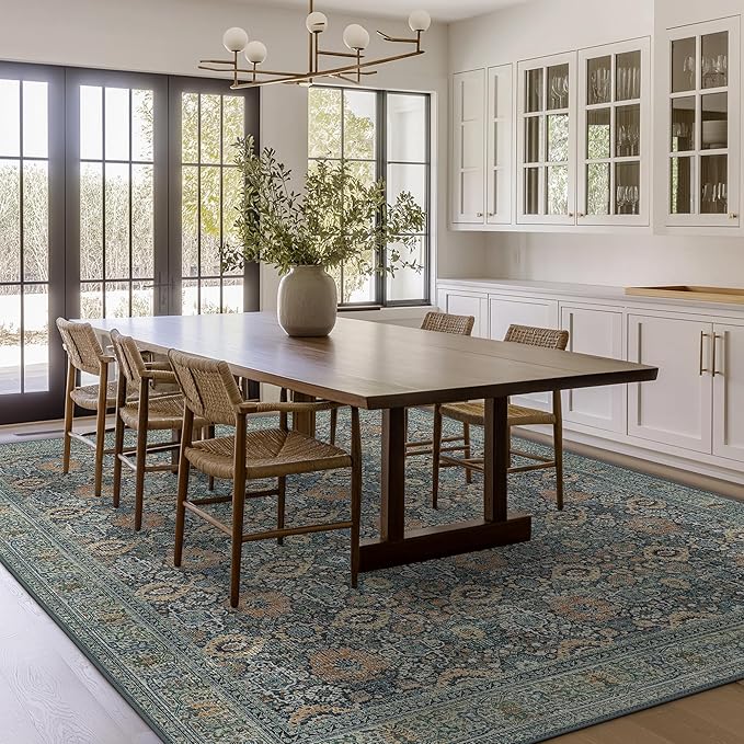 10X14 Area Rugs Machine Washable Rugs for Living Room, Vintage Boho Large Rugs for Bedroom Dining Room, Non Slip Indoor Soft Distressed Lightweight Thin Low Pile Carpet, Beige Blue Grey