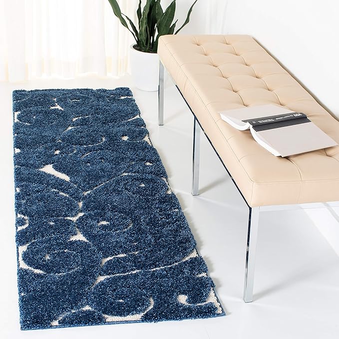 SAFAVIEH Florida Shag Collection Runner Rug - 2'3" x 13', Dark Blue & Cream, Scroll Design, Non-Shedding & Easy Care, 1.2-inch Thick Ideal for High Traffic Areas in Living Room, Bedroom (SG455-6511)